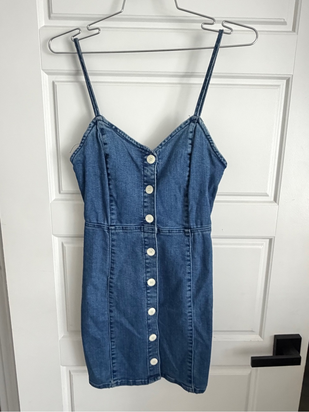 Zara Blue Denim Button-Front Spaghetti Strap Mini Dress
